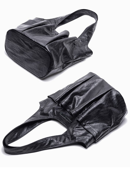 Black Large Capacity Single-Shoulder Tote Bag With Triple Pocket Design