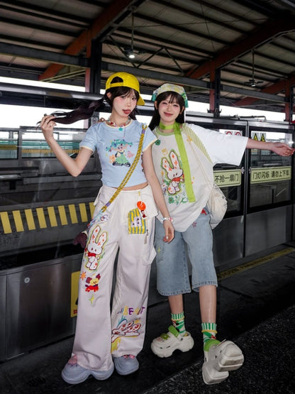 Cartoon Bunny Print White Round Neck Loose T-shirt