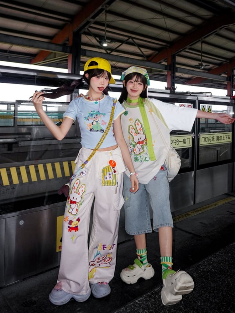 Cartoon Bunny Print White Low Waist Wide-leg Jeans