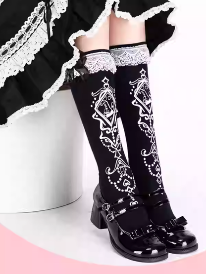 Black Ruffled Lace Cuff Printed Lolita Under Knee Stockings