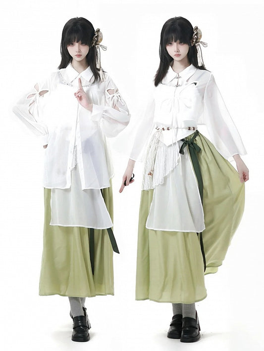Green Cheongsam Style Elastic Waist Long Skirt with Waist Belt