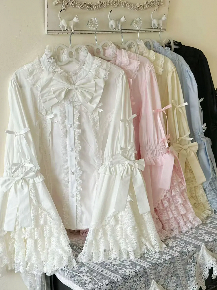 Plus Size White / Black / Pink / Blue / Apricot Lolita Bell Sleeves Blouse