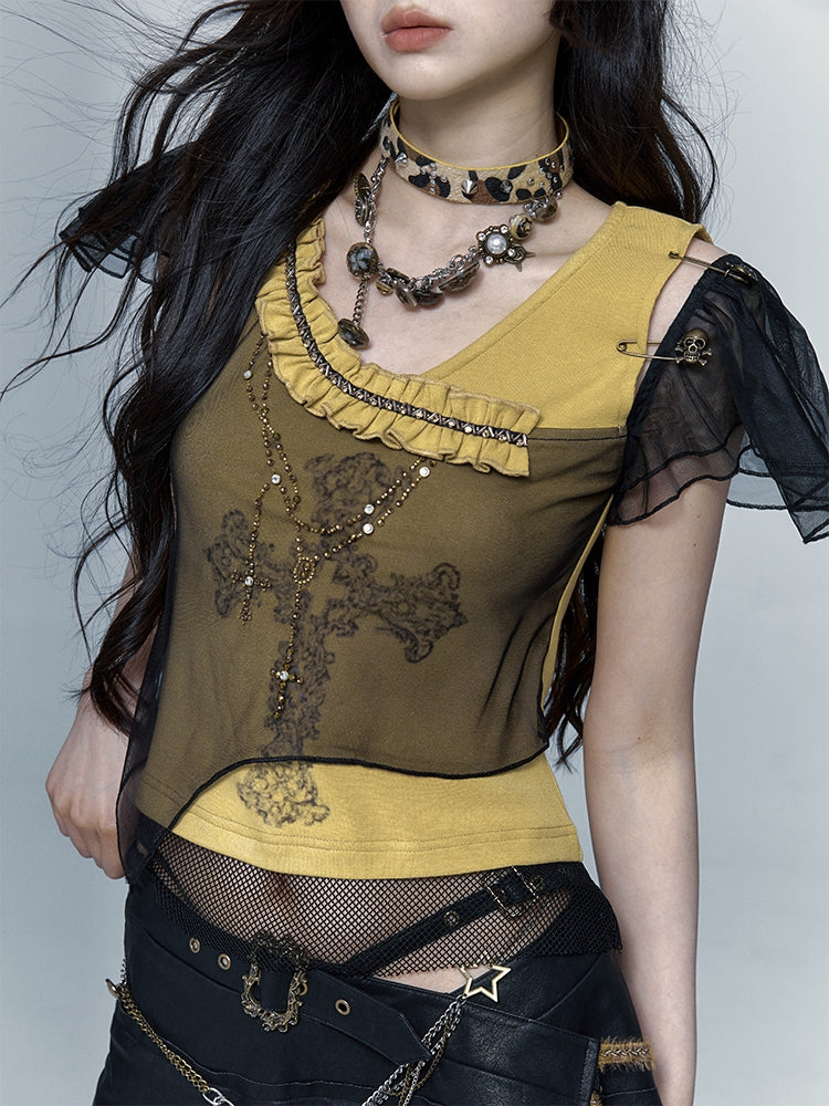 Rhinestones Decorated Yellow and Black Punk Rock Cross Print Asymmetrical T-shirt
