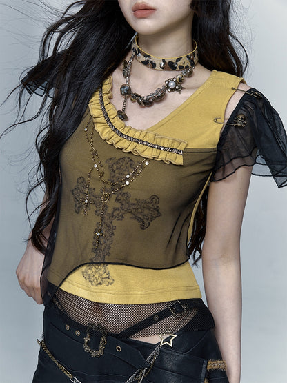 Rhinestones Decorated Yellow and Black Punk Rock Cross Print Asymmetrical T-shirt