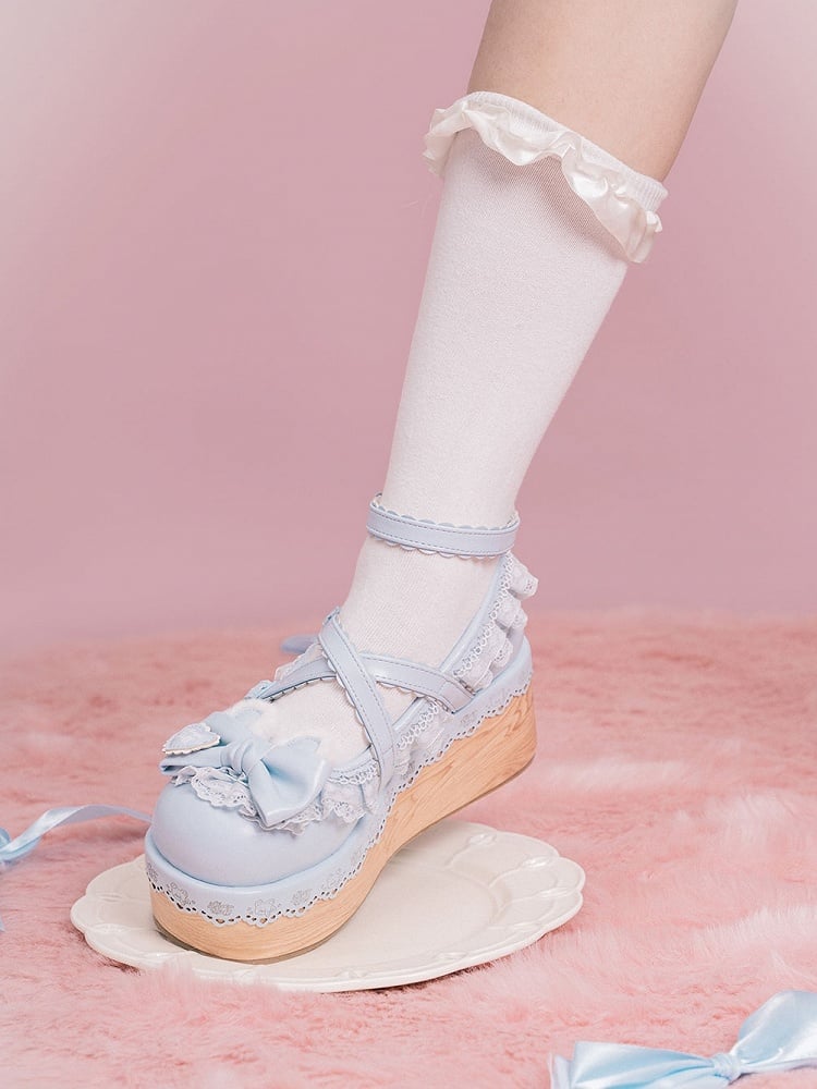 Blue Crisscross Design Bunny Ear Bow at Top Lace Trim Platforms