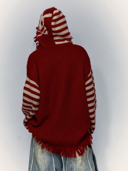 Wine Red Skull Bunny Punk Loose Hooded Sweater with Striped Sleeves