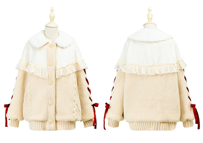White Cozy Plush Collar Creamy Sweater Winter Cardigan