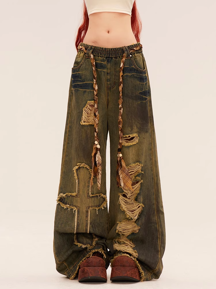 Blue Low Rise Wasteland Punk Cross Applique Distressed Holes Vintage Wide-leg Jeans
