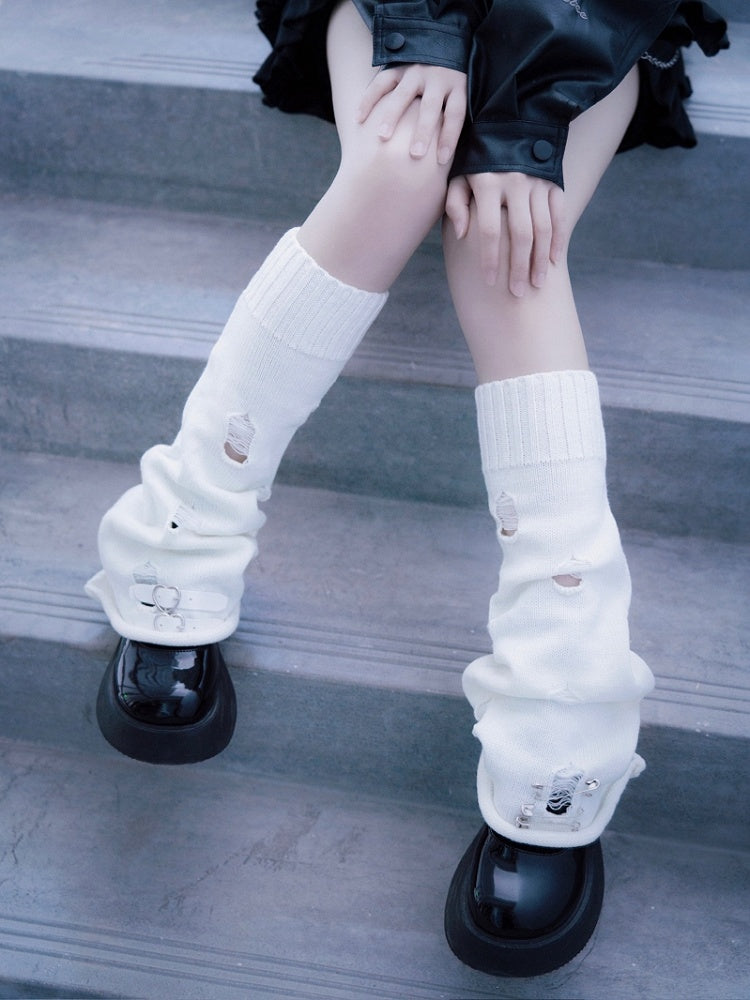 PU Buckles Gothic White Distressed Holes Leg Warmers