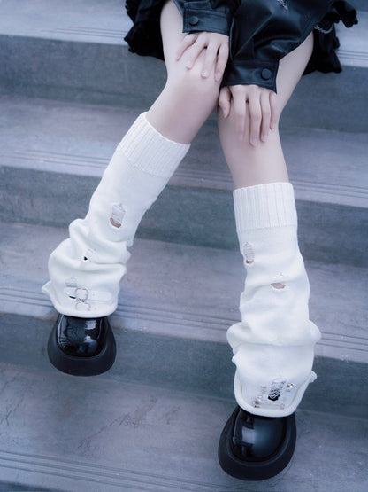 PU Buckles Gothic White Distressed Holes Leg Warmers
