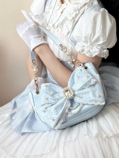 Blue Sweet Lolita Underarm Bag in Satin with Dazzling Bead and Crystal Bow