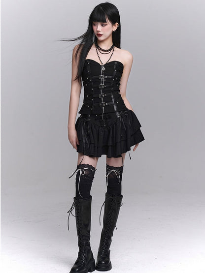 Black Lace-up Waist Studded Lace Cross Tiered Skirt