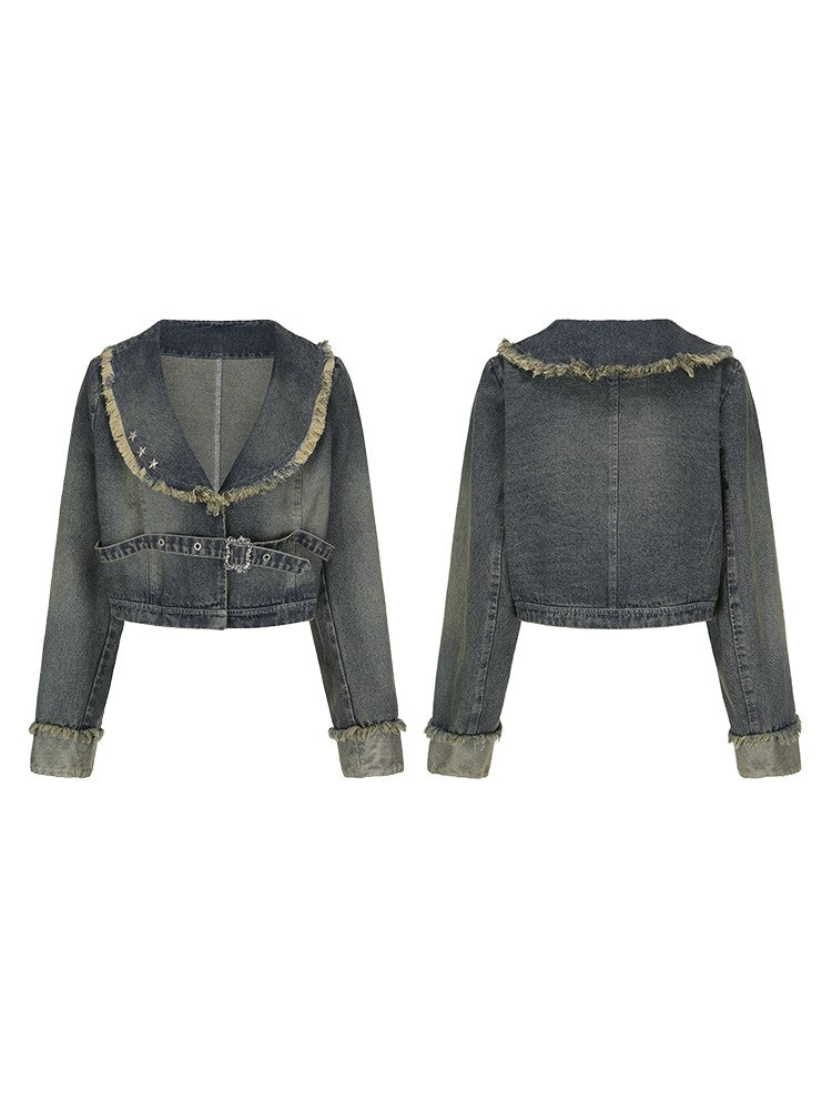 Plus Size Wasteland Punk Y2K Gray-Blue Crop Denim Jacket with Raw Hem