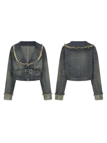Plus Size Wasteland Punk Y2K Gray-Blue Crop Denim Jacket with Raw Hem