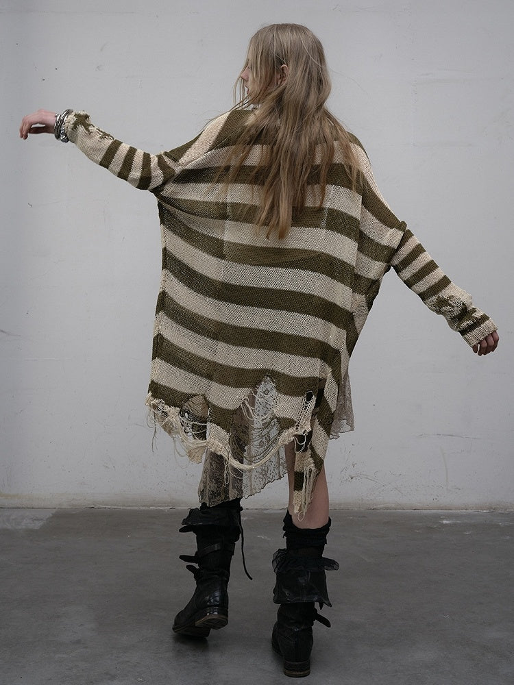 Green Wasteland Punk Striped Pattern Cardigan