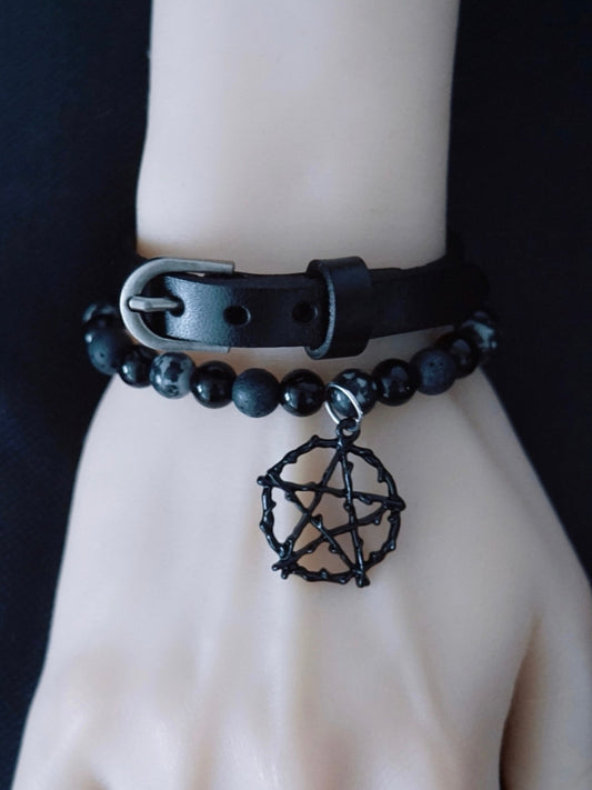 Black Gothic Star Charm Beaded Bracelet Set