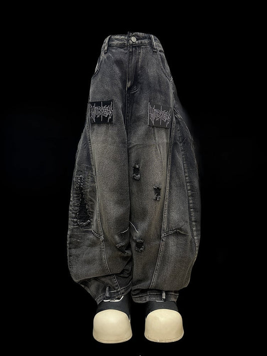 Dark Gray Letter Applique Distressed Holes Details Wide-leg Cut Jeans