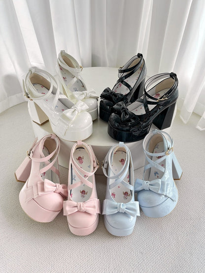 Crisscross Ankle Strap Black Bow at Top 11cm High Heels