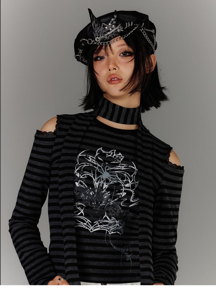 Punk Black & Gray Striped Cutout Shoulder Graphic Top with Star Scarf