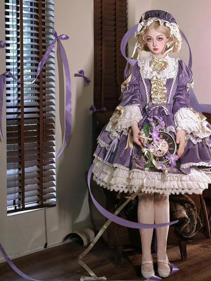 Candle and Candlestick Embroidery Purple Bell Sleeves Velvet Dress Lolita OP / Set