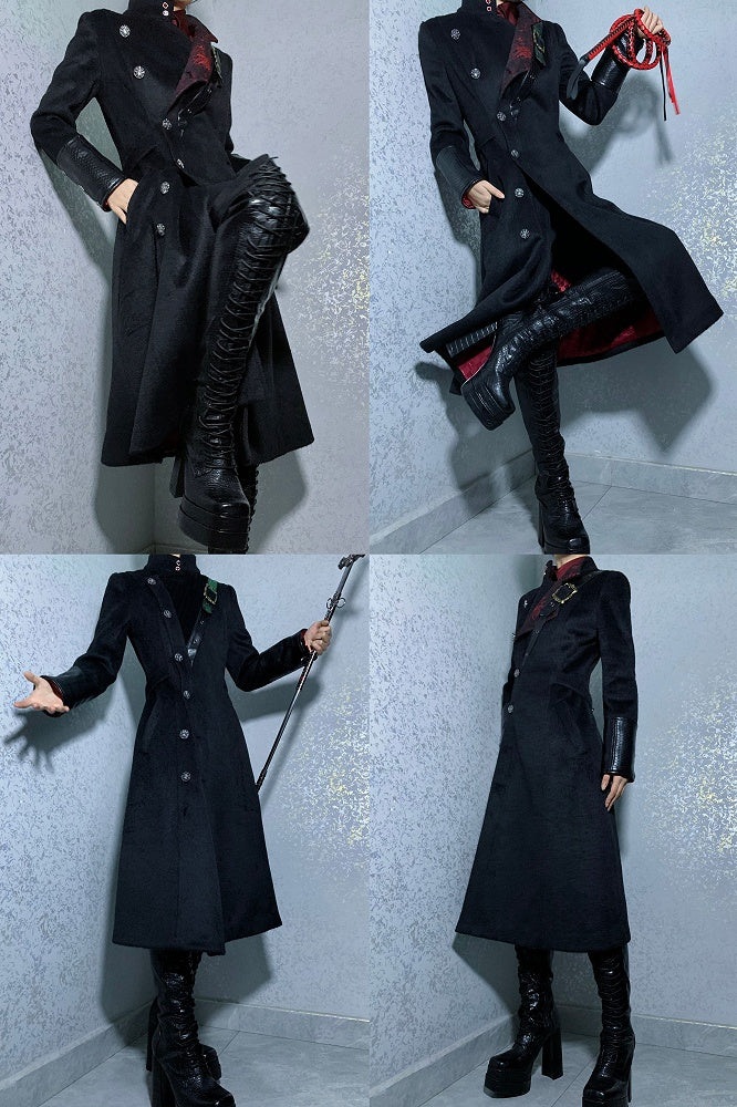 Ouji Fashion Black Leather Cuffs Gothic Lolita Woolen Coat with Red Inner Lining