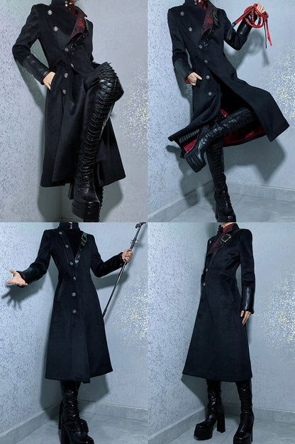 Ouji Fashion Black Leather Cuffs Gothic Lolita Woolen Coat with Red Inner Lining
