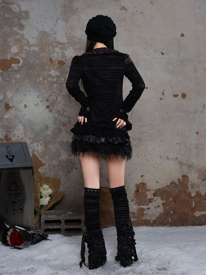 Black Punk Tiered Elastic Waist Skirt with Glossy Fabric & Faux Fur Trim