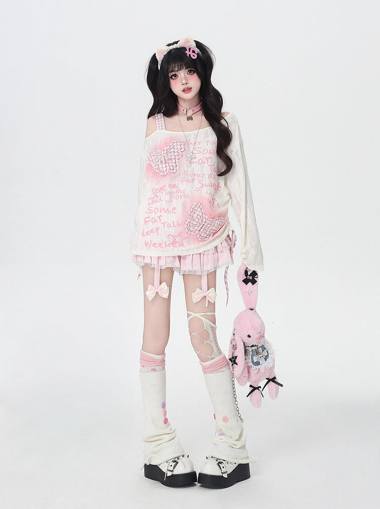 Sweet Pink Plaid Butterfly Appliques Asymmetrical Neckline Black/Apricot Top