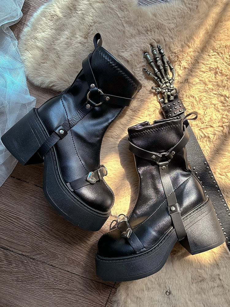 Black Buckle Strap Punk Platform Block Heel Boots