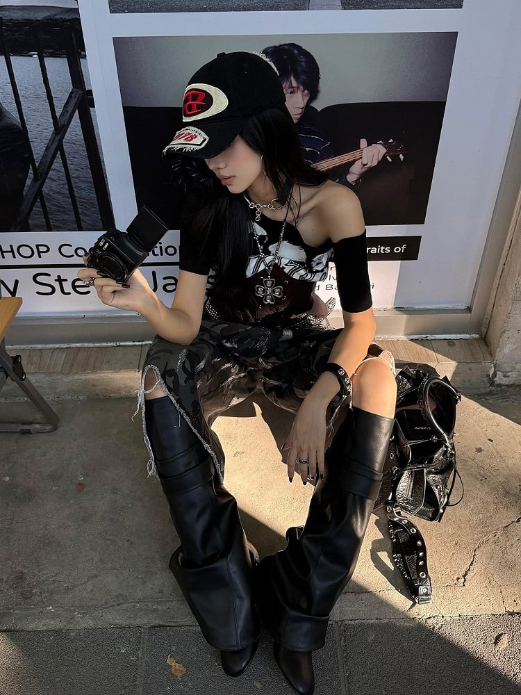 Black / White Asymmetrical Neckline T-Shirt with Lace-up Waist