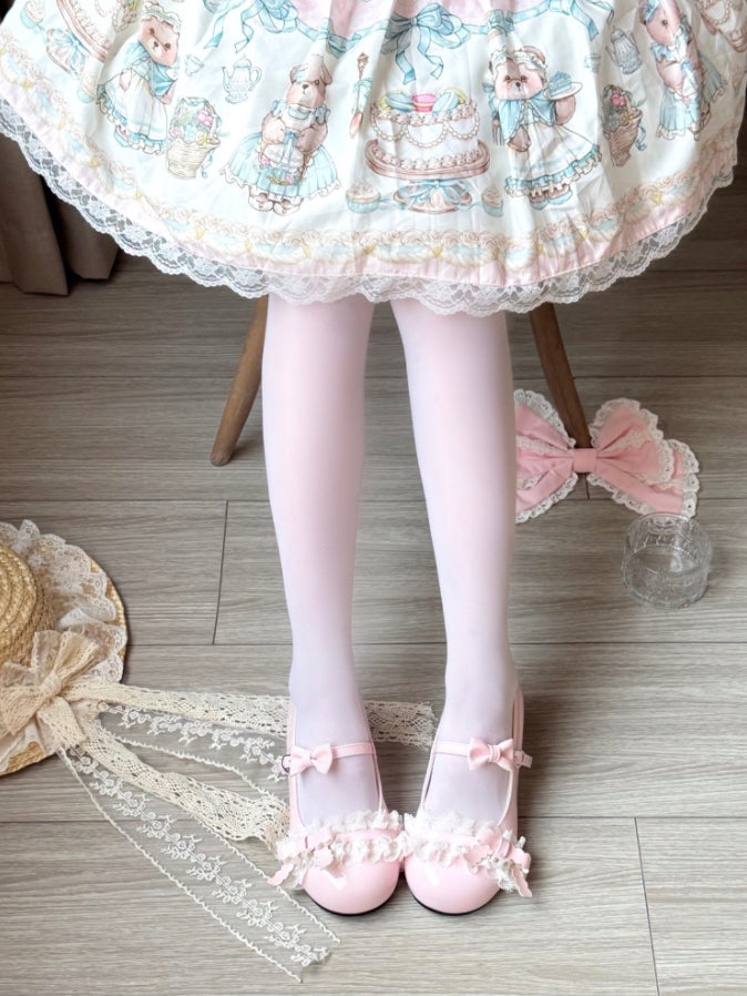 Sakura Pink Flat Lolita Shoes - PU Leather with Ruffled Lace Edging, Bow Embellishments & Functional Heart Snap