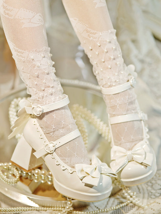Bow Accents White Sweet Lolita High Heels Heart-shaped Buckles