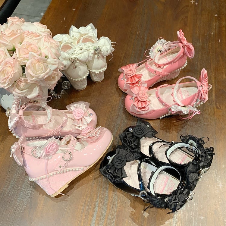 Detachable Rose Details, Beads Decor & Bow Accents PU Black Wedge Mary Janes in Sweet Lolita