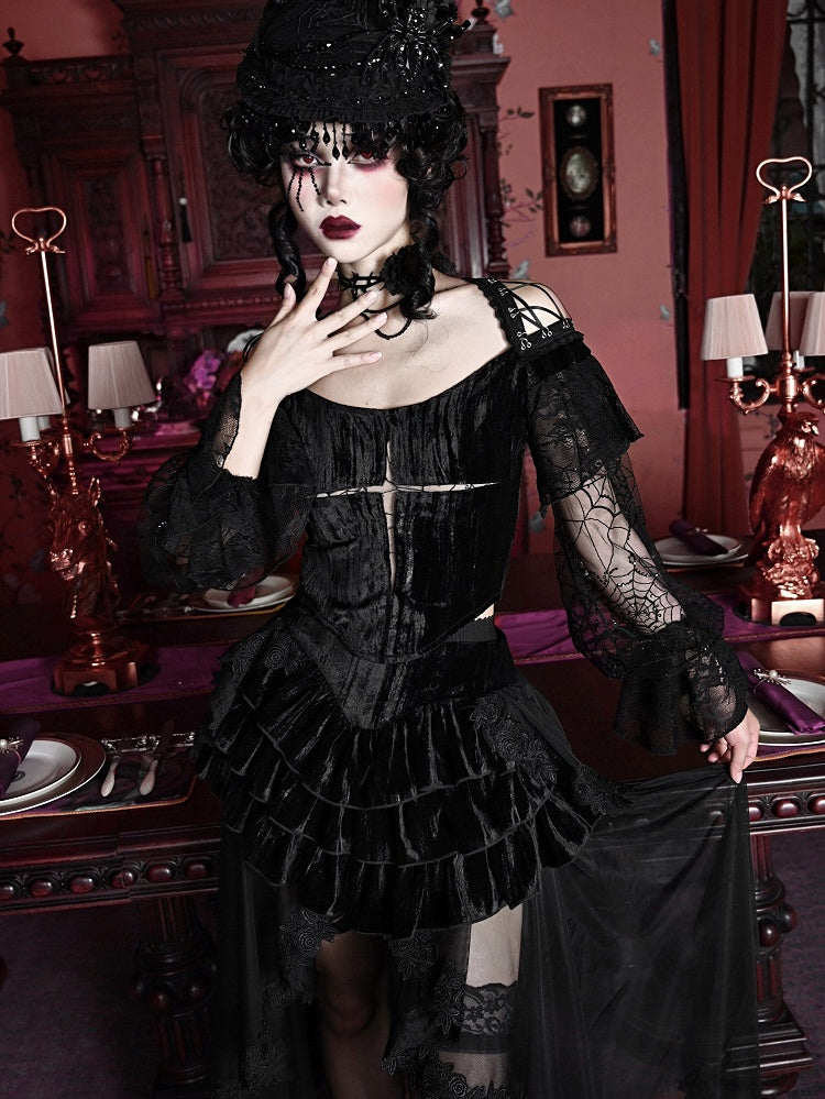 Halloween Gothic Black Cropped Velvet Top Bishop Lace Sleeves
