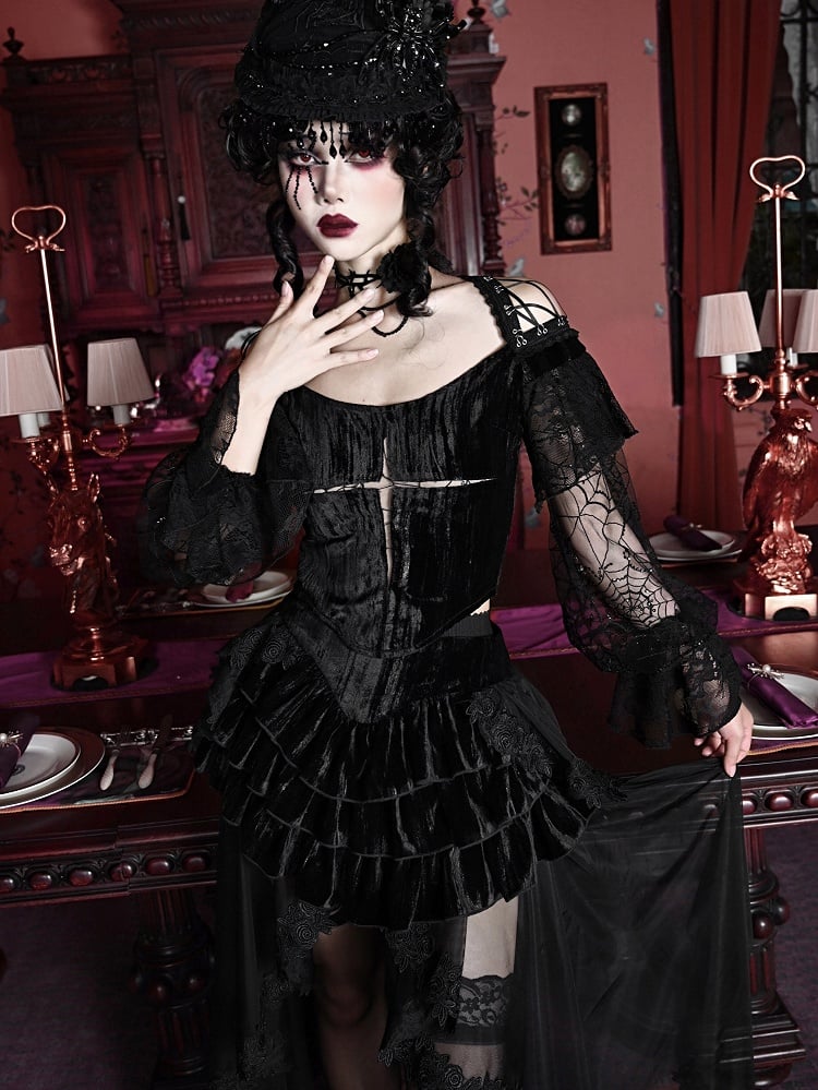 Halloween Gothic Black Cropped Velvet Top Bishop Lace Sleeves