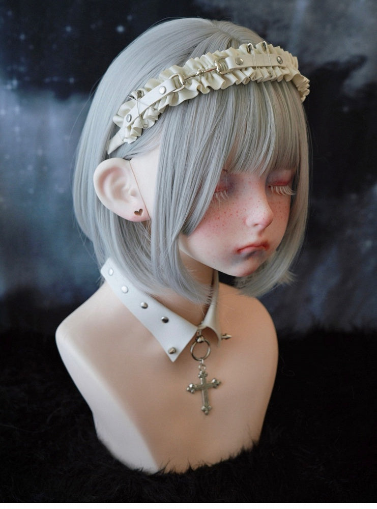 White Gothic Handmade Studs and Pins PU Ruffled KC