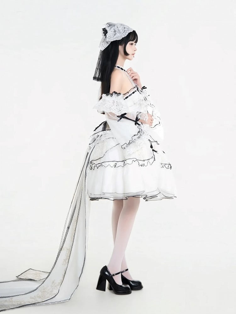 Plus Sizes White & Black Illusion Neckline Sweet Lolita Dress Short Version+Train+Head Veil+Detachable Sleeves Full Set