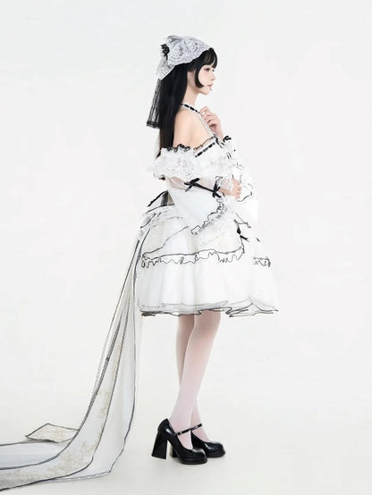 White & Black Lolita Long Train with Large Bow