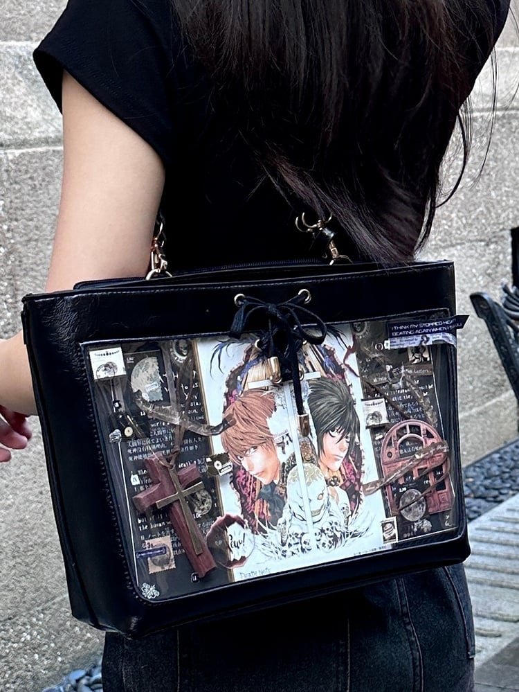 Black Bow Accents Lace-up Detail Ita Shoulder Bag with Free Charm