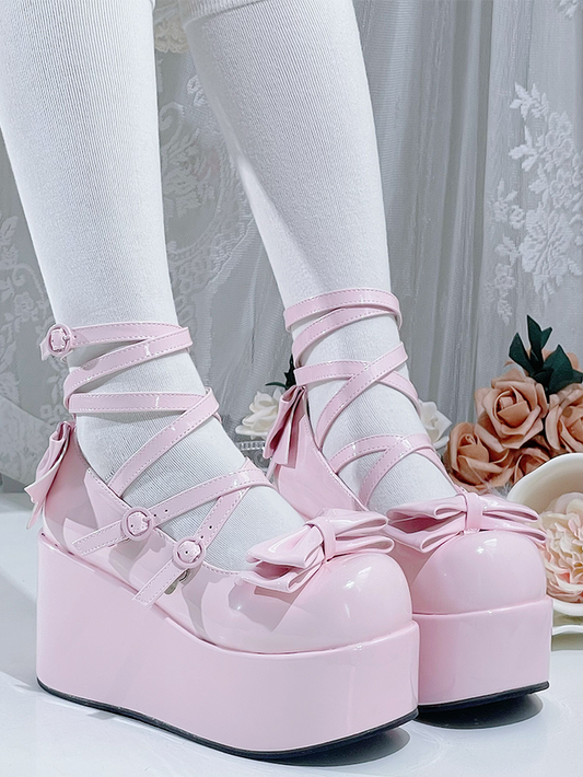 Pink Bowknot Buckle Straps Round Toe Platform Lolita Shoes