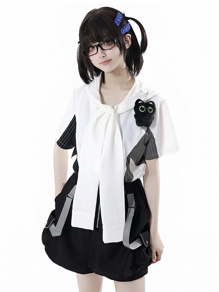 Black and Gray Striped Colorblock Design Techwear Necktie Design Hooded Shirt with Kitty Plushie