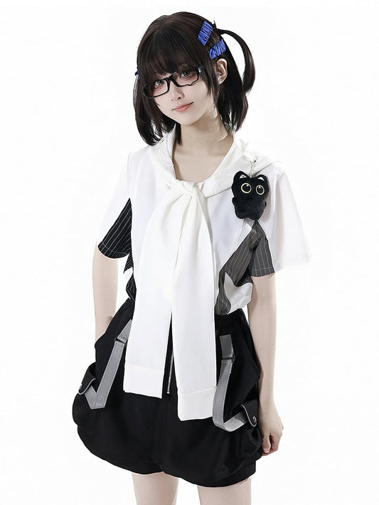Black and Gray Striped Colorblock Design Techwear Necktie Design Hooded Shirt with Kitty Plushie