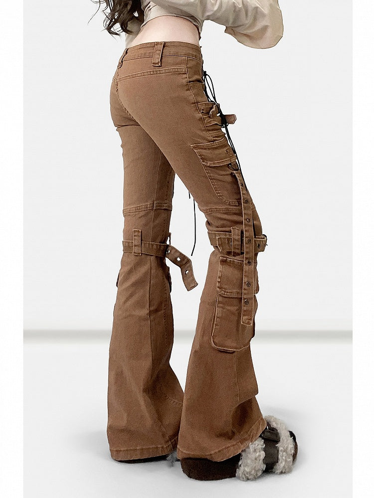 Coffee Brown Wasteland Punk Lace-up Detail Flare Silhouette Jeans