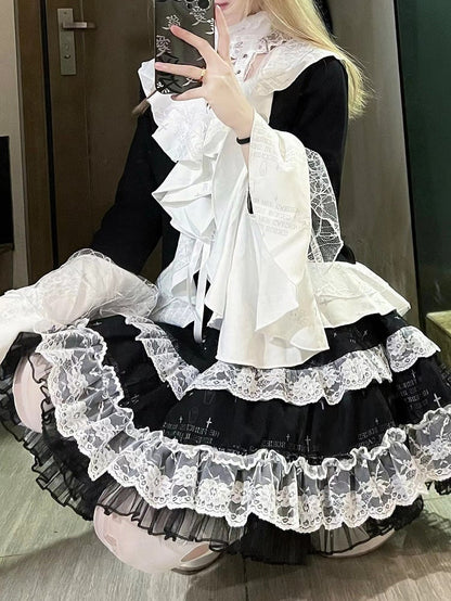 Detachable Bunny Ears Black Punk Tiered Skirt with Undies