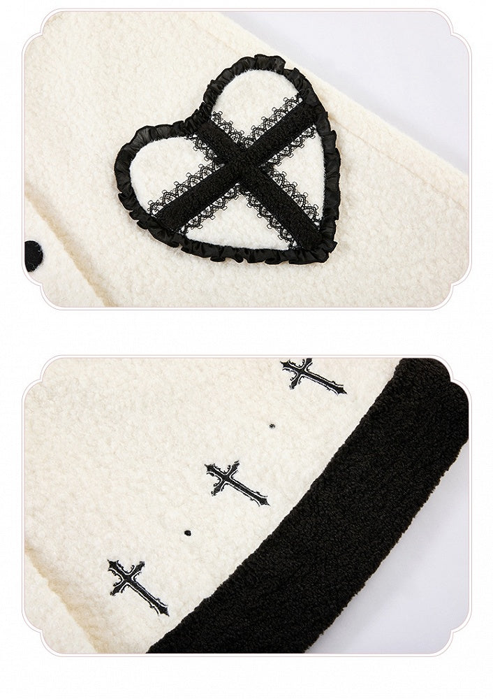 Heart-shaped Pockets White Woolen Coat with Black Embroidery Detail