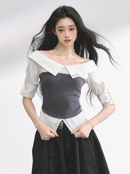 Off-the-shoulder Neckline Foldover Collar Gray/Navy Blue Striped Shirt