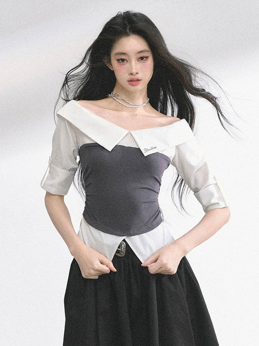 Off-the-shoulder Neckline Foldover Collar Gray/Navy Blue Striped Shirt