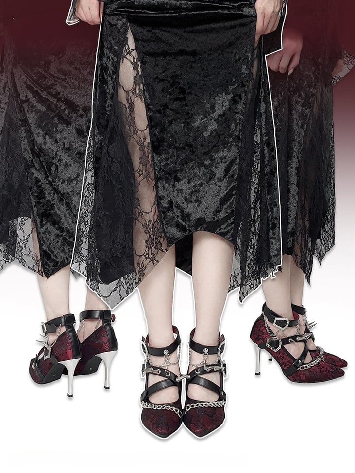 Spike Studs Coffin-shaped Buckles Red Lace Gothic Punk Stiletto Heels with Chains