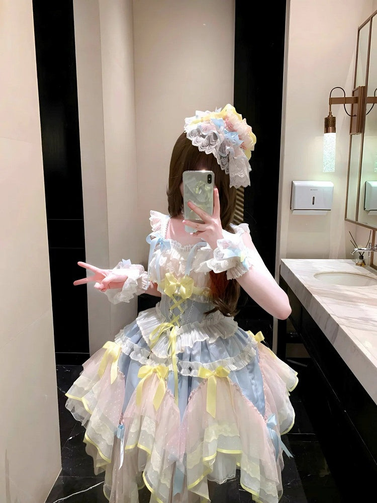 Blue and Yellow Basque Waist Fairycore Lolita Jumper Skirt with Layered Handkerchief Hem