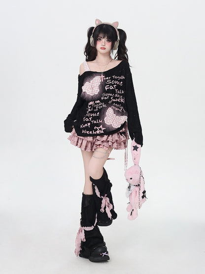 Sweet Pink Plaid Butterfly Appliques Asymmetrical Neckline Black/Apricot Top